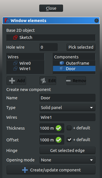 Dialog to edit the components that make a window or a door
