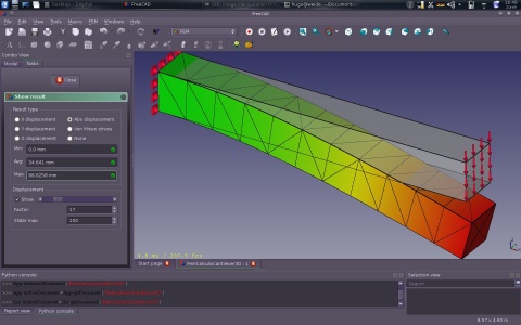 CalculiX cantilever FEM analysis (v0.17) This in an example included in every installation of FreeCAD; it demonstrates a basic analysis with the CalculiX FE solver. Purge the current result, re-run the solver, and view the displacements and stresses in the deformed mesh in the viewport.