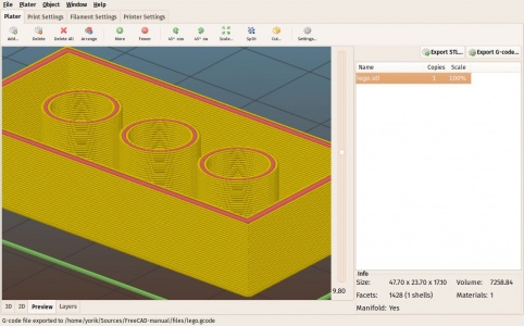 Preparing models for 3D printing (v0.16) Convert a solid object to a mesh object using the Mesh Workbench, export the mesh to STL format, and use Slic3r to prepare the G-code. Alternatively use the Cura Workbench or the CAM Workbench to generate the G-code.