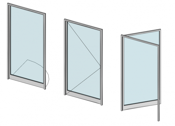 Una puerta que muestra de izquierda a derecha el plan de símbolos, la elevación del símbolo y las propiedades de apertura en el trabajo