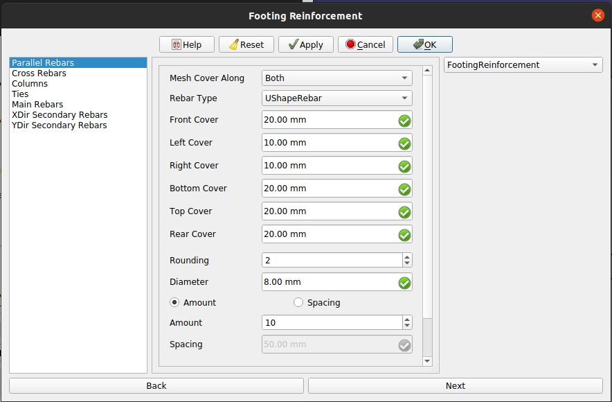 Input Fields for Parallel rebars in footing GUI Dialog box.png