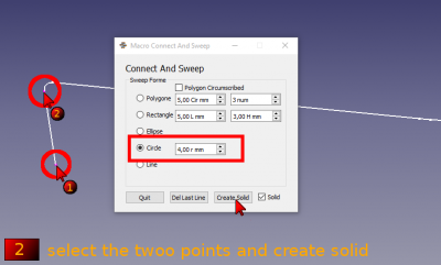 Sélectionnez les deux point des extrémités de chaque fil exécutez la macro choisisez la forme et les réglages et cliquez sur le bouton Create solid